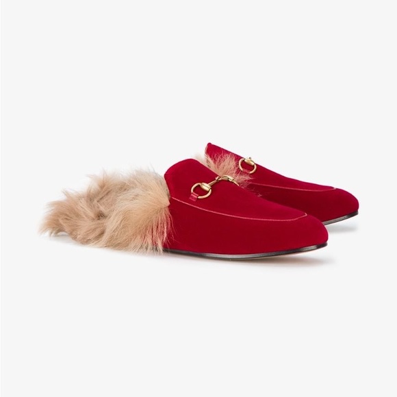 Gucci Red Princetown Mules with Fur - Picture 1 of 5